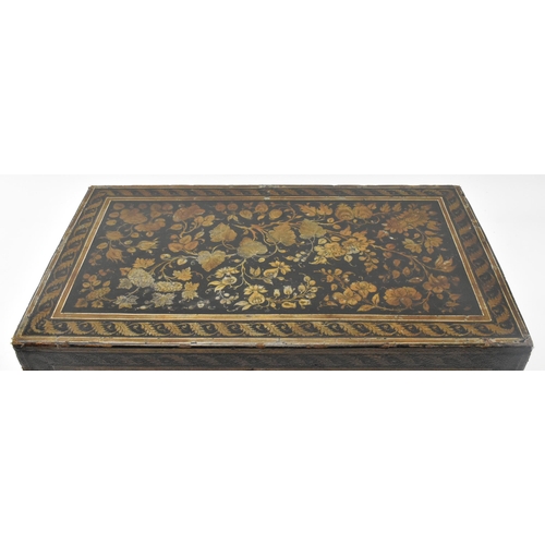 307 - A large Victorian 19th century papier mache wooden pokerwork / jewellery box. The box of rectangular... 