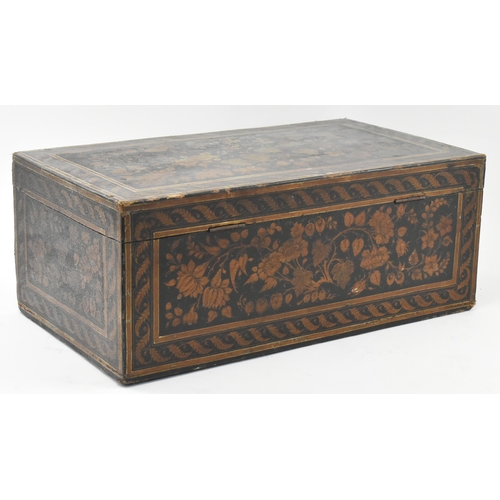 307 - A large Victorian 19th century papier mache wooden pokerwork / jewellery box. The box of rectangular... 