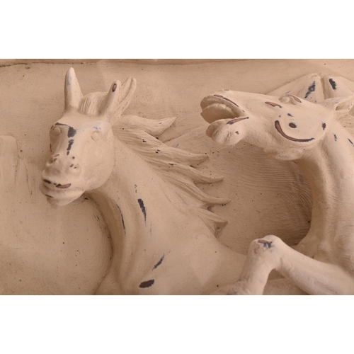 319 - A large bespoke white painted hand carved wood relief wall hanging sculpture plaque of galloping hor... 