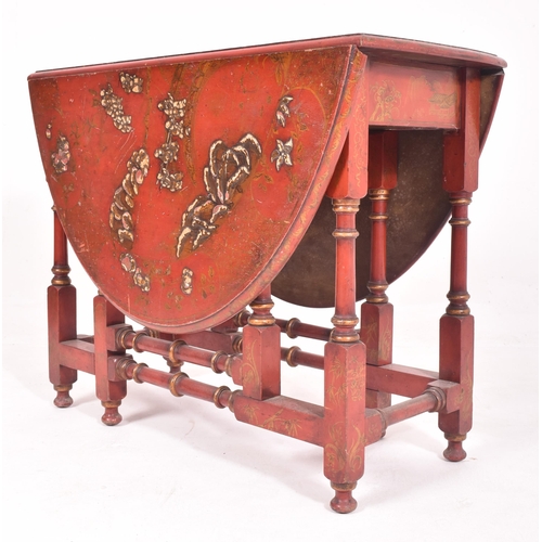 348 - A Chinese 19th century chinoiserie red lacquered drop leaf gate leg table. The table decorated with ... 