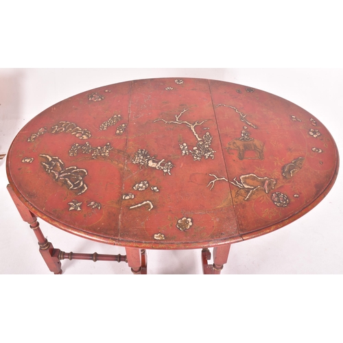 348 - A Chinese 19th century chinoiserie red lacquered drop leaf gate leg table. The table decorated with ... 