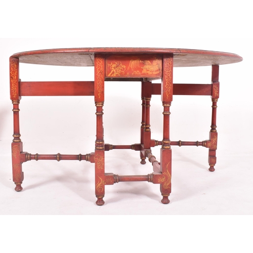 348 - A Chinese 19th century chinoiserie red lacquered drop leaf gate leg table. The table decorated with ... 