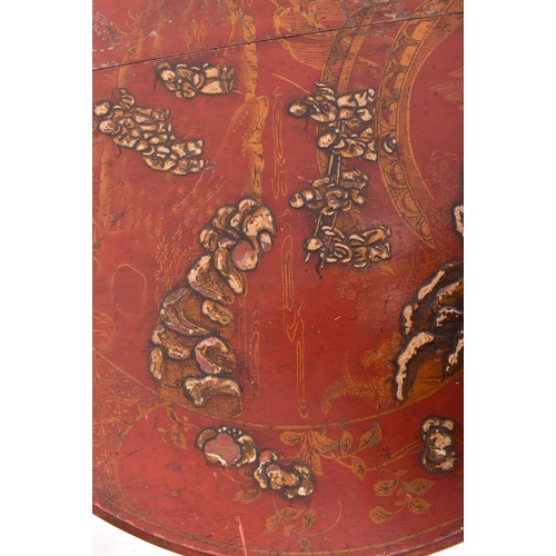 348 - A Chinese 19th century chinoiserie red lacquered drop leaf gate leg table. The table decorated with ... 