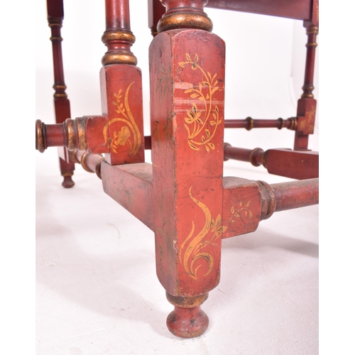 348 - A Chinese 19th century chinoiserie red lacquered drop leaf gate leg table. The table decorated with ... 