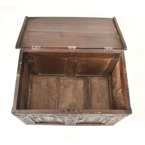 357 - An adjusted part 18th century & later carved oak coffer blanket box. The chest having a rectangular ... 