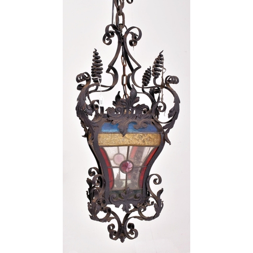 359 - A believed French continental early 20th century wrought iron & leaded coloured glass ceiling lanter... 