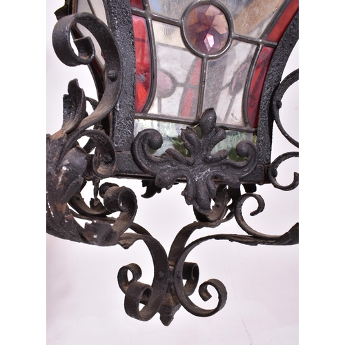 359 - A believed French continental early 20th century wrought iron & leaded coloured glass ceiling lanter... 