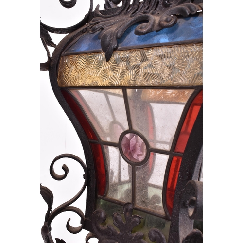 359 - A believed French continental early 20th century wrought iron & leaded coloured glass ceiling lanter... 