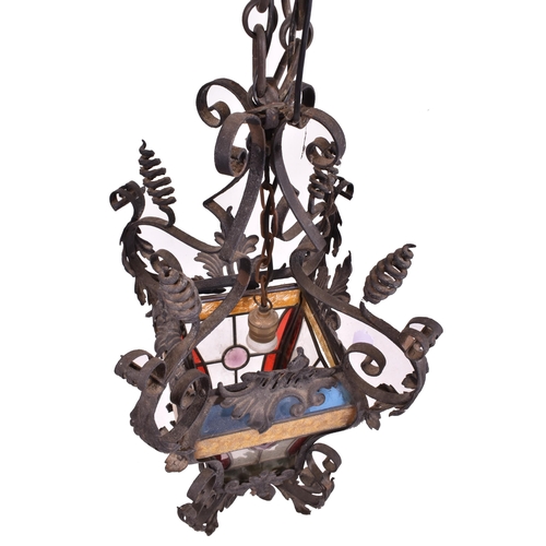 359 - A believed French continental early 20th century wrought iron & leaded coloured glass ceiling lanter... 