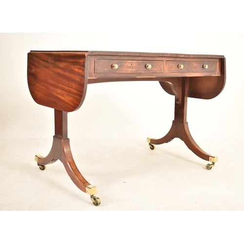 419 - A George III 18th century flame mahogany drop leaf sofa table desk. The table having a rectangular t... 