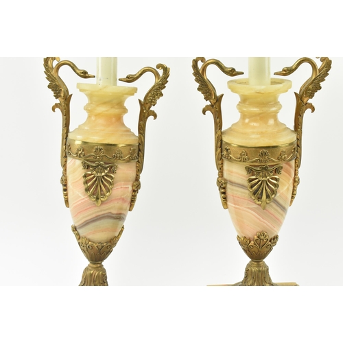 422 - A pair of Neoclassical inspired early 20th century gilt metal & alabaster desk table lamp lights. Ea... 