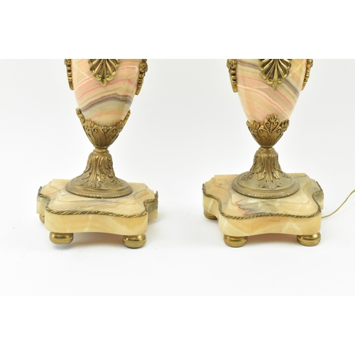 422 - A pair of Neoclassical inspired early 20th century gilt metal & alabaster desk table lamp lights. Ea... 