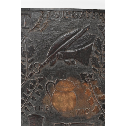 430 - An early 20th century 1909 carved oak pub sign / carved panel. The sign carved in relief by J. Vick ... 