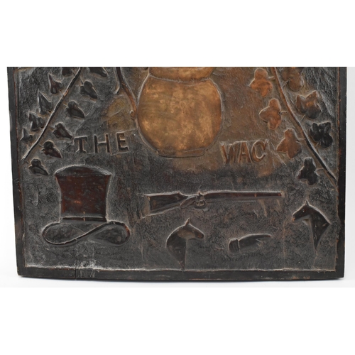 430 - An early 20th century 1909 carved oak pub sign / carved panel. The sign carved in relief by J. Vick ... 