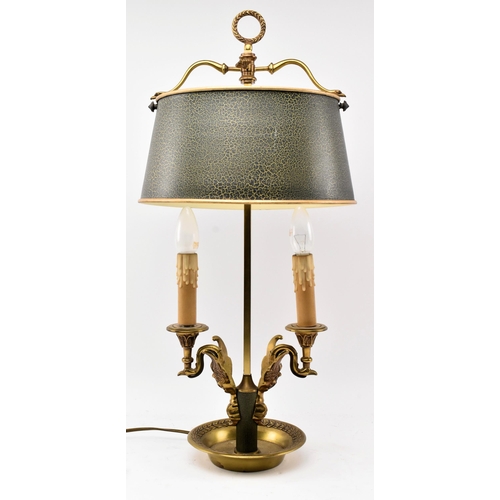 436 - A French Bouillotte inspired early 20th century brass & tole desk table lamp light. The lamp having ... 