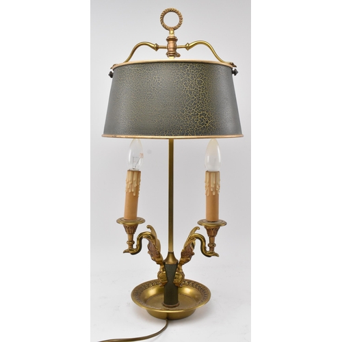 436 - A French Bouillotte inspired early 20th century brass & tole desk table lamp light. The lamp having ... 