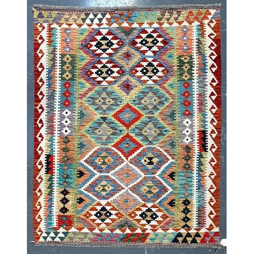 439 - A contemporary Anatolian Turkish Kilim floor carpet rug. The rug of rectangular form having an intri... 