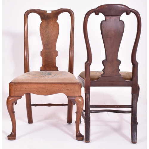 466 - A near pair of George I early 18th century walnut and mahogany chairs. The lot to include a walnut d... 