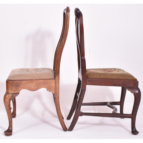 466 - A near pair of George I early 18th century walnut and mahogany chairs. The lot to include a walnut d... 