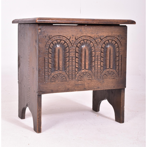 482 - A 19th century Charles II inspired carved oak small coffer chest. The chest having a rectangular til... 