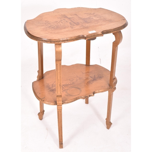 494 - A 19th century birdseye maple veneer stencil decorated two tiered etagere / whatnot. The side table ... 