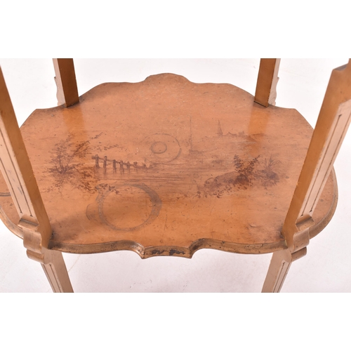 494 - A 19th century birdseye maple veneer stencil decorated two tiered etagere / whatnot. The side table ... 