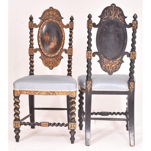 495 - A pair of Victorian 19th century ebonised & gilt painted papier mache hall chairs. Each chair having... 