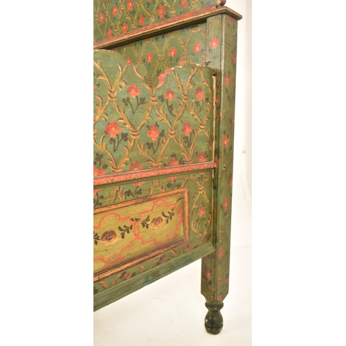 515 - An Austrian continental 19th century hand painted wood folk rustic single bed. The bed having a pier... 