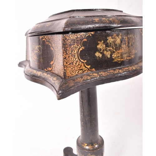 530 - A 19th century black chinoiserie lacquered teapoy tea caddy on pedestal stand. The teapoy being deco... 