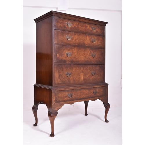 531 - A Queen Anne Revival 1burr walnut chest of drawers on stand tall boy. The chest having a rectangular... 