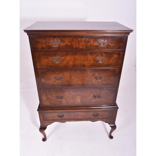 531 - A Queen Anne Revival 1burr walnut chest of drawers on stand tall boy. The chest having a rectangular... 