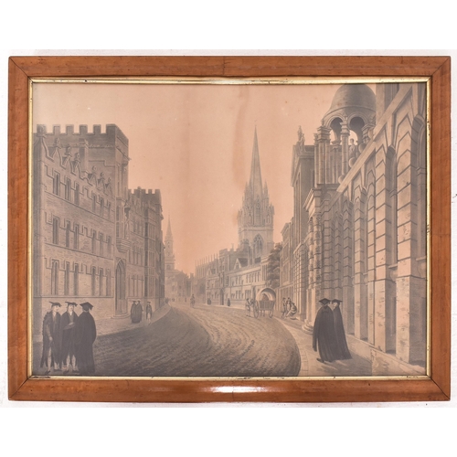 581 - A 19th century Victorian maple framed aquatint of Oxford. Set within a cushioned maple frame with in... 