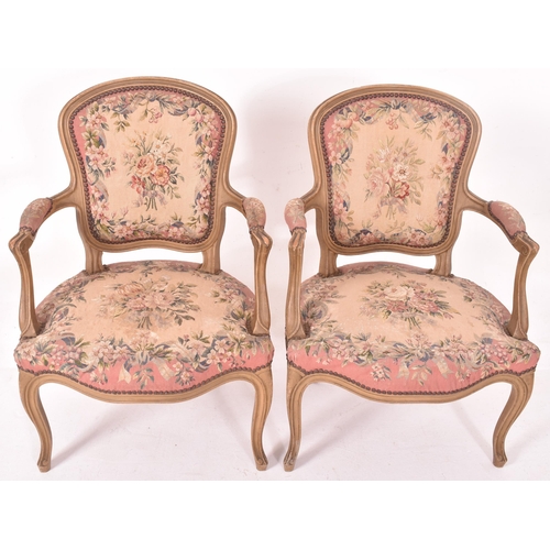 598 - A pair of French Louis XV style painted wood & aubusson upholstered fauteuil armchairs. Each chair h... 