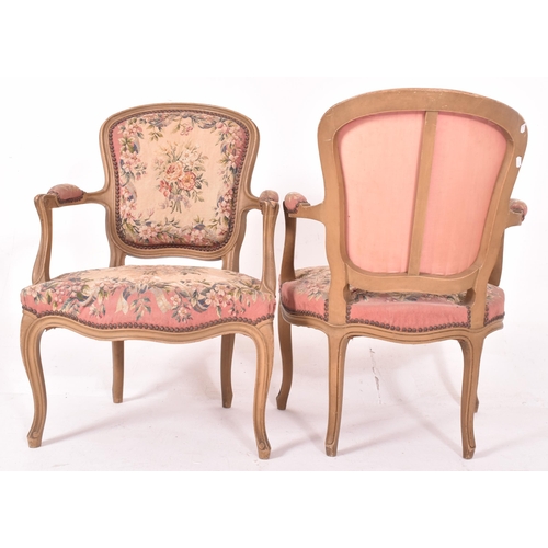 598 - A pair of French Louis XV style painted wood & aubusson upholstered fauteuil armchairs. Each chair h... 