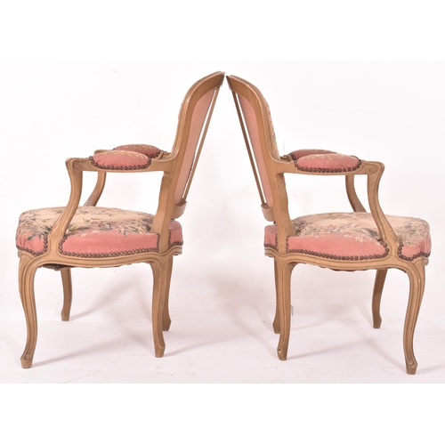 598 - A pair of French Louis XV style painted wood & aubusson upholstered fauteuil armchairs. Each chair h... 