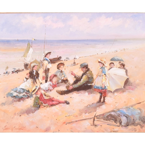 614 - Vladimir Petrov - a mid century Impressionist style painting depicting Edwardian figures on a beach.... 