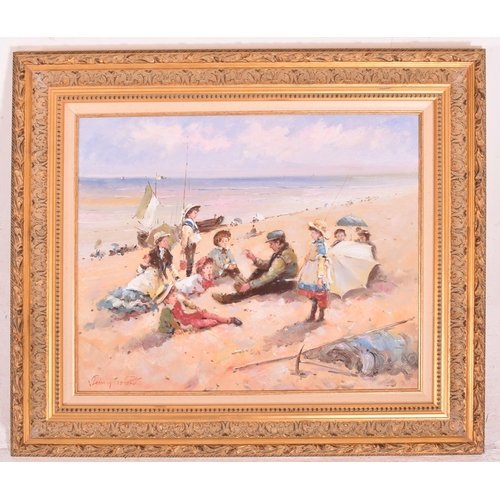 614 - Vladimir Petrov - a mid century Impressionist style painting depicting Edwardian figures on a beach.... 