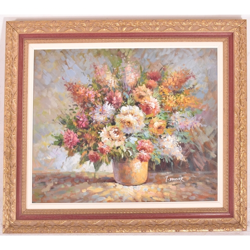 621 - T. Denver - a mid century oil on canvas still life painting. The painting depicting a vase of colour... 