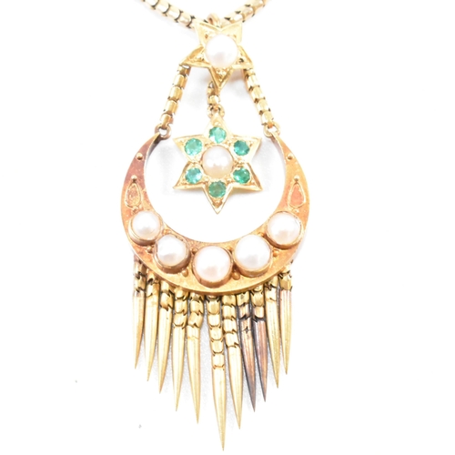 24 - A 19th century 15ct gold, emerald and pearl tassel pendant necklace. The antique necklace having a c... 