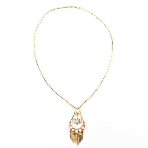 24 - A 19th century 15ct gold, emerald and pearl tassel pendant necklace. The antique necklace having a c... 