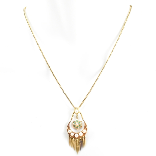 24 - A 19th century 15ct gold, emerald and pearl tassel pendant necklace. The antique necklace having a c... 