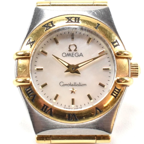 25 - An Omega Constellation ladies wristwatch boxed. The Omega wristwatch having a white mother of pearl ... 