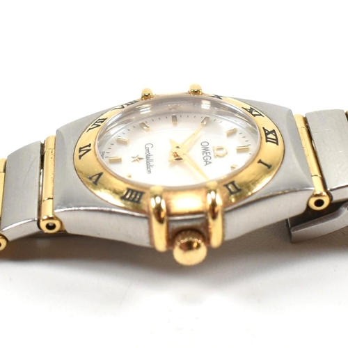 25 - An Omega Constellation ladies wristwatch boxed. The Omega wristwatch having a white mother of pearl ... 