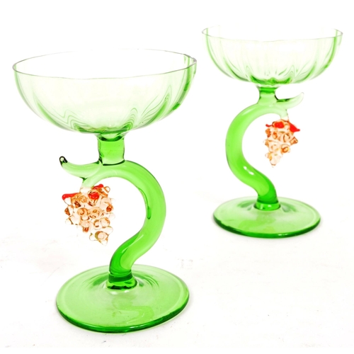 146 - A collection of six small 20th Century vintage green sherry glasses having fruit decoration to centr... 