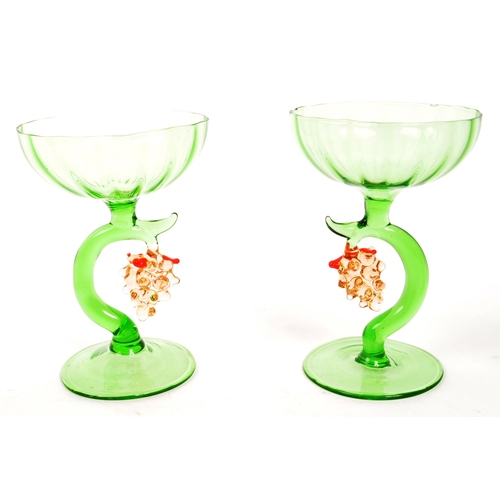 146 - A collection of six small 20th Century vintage green sherry glasses having fruit decoration to centr... 