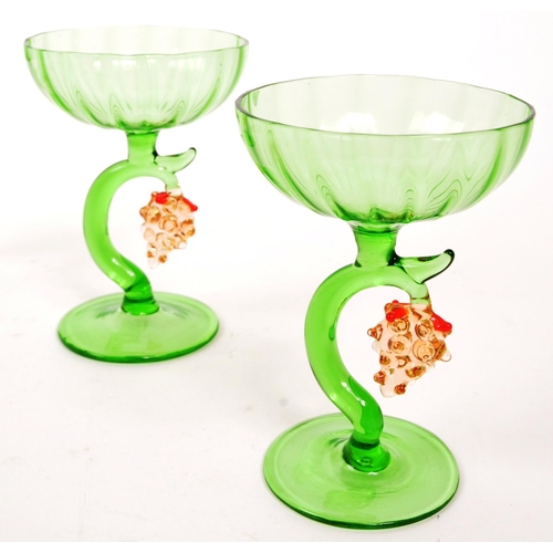 146 - A collection of six small 20th Century vintage green sherry glasses having fruit decoration to centr... 