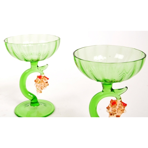 146 - A collection of six small 20th Century vintage green sherry glasses having fruit decoration to centr... 