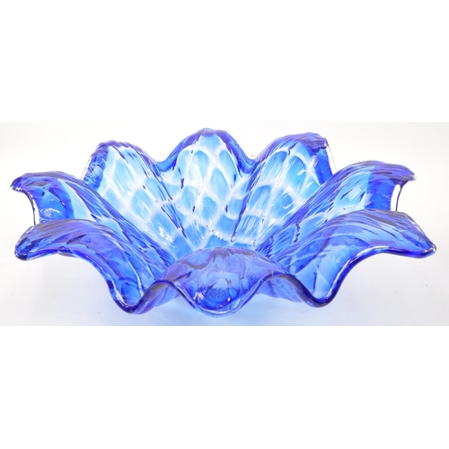 182 - A large 20th Century studio glass splash textured centerpiece bowl having blue colourway. Measuring ... 