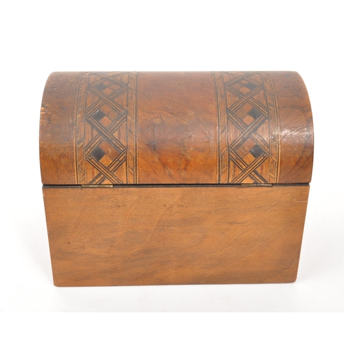 244 - A 19th century walnut Tunbridge inlaid tea caddy box. The tea caddy having a domed lid, with Tunbrid... 