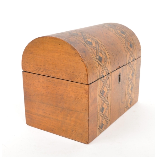 244 - A 19th century walnut Tunbridge inlaid tea caddy box. The tea caddy having a domed lid, with Tunbrid... 